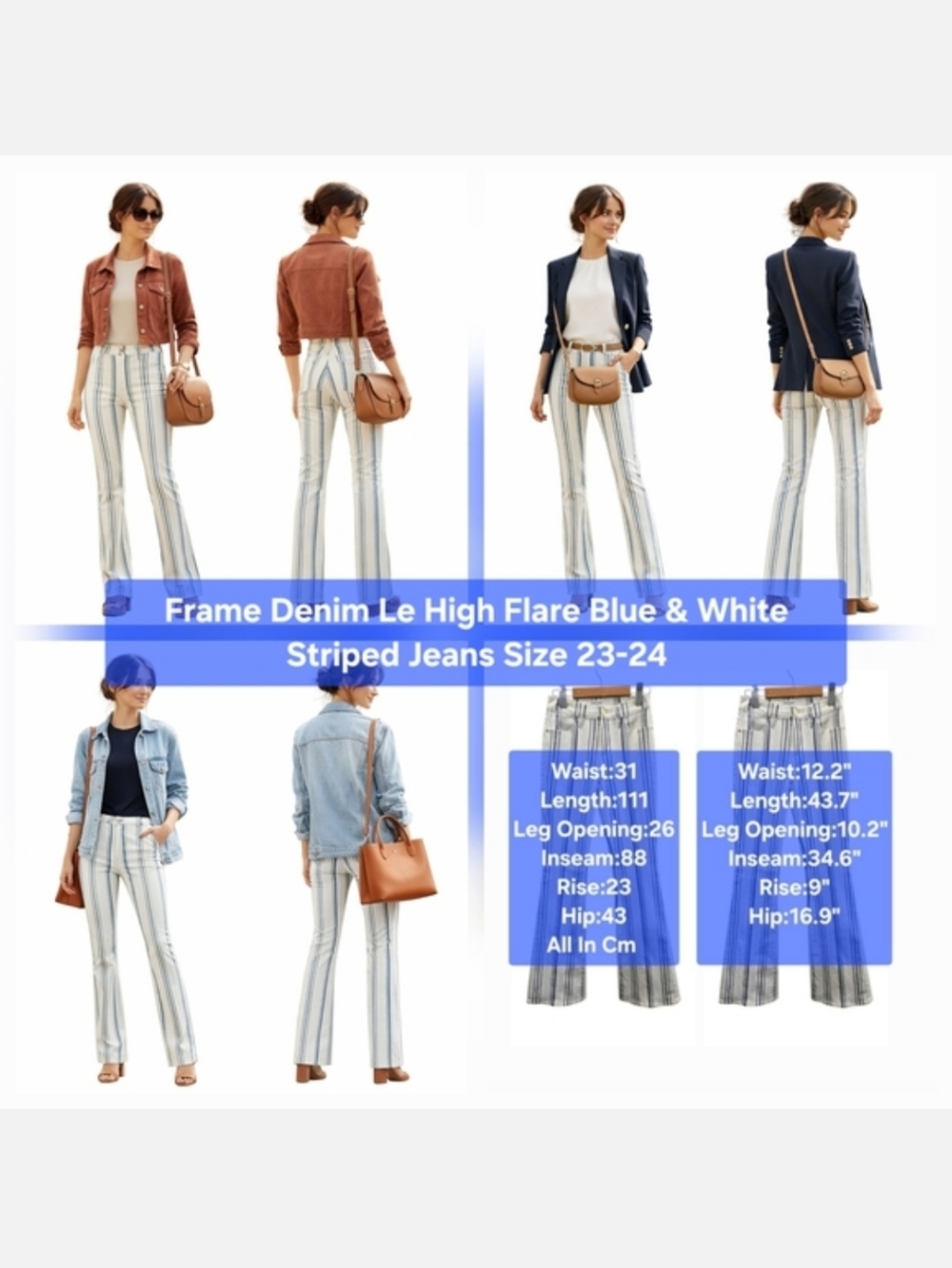 Frame Denim Le High Flare Blue & White Striped Jeans Size 23-24